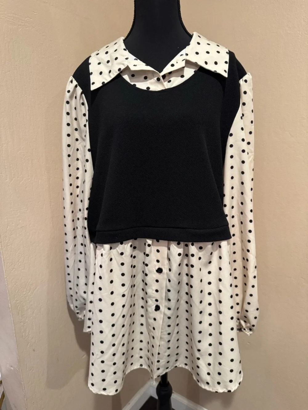 Black and White Polka Dot Layered Sweater Blouse Plus Size - Picture 1 of 6